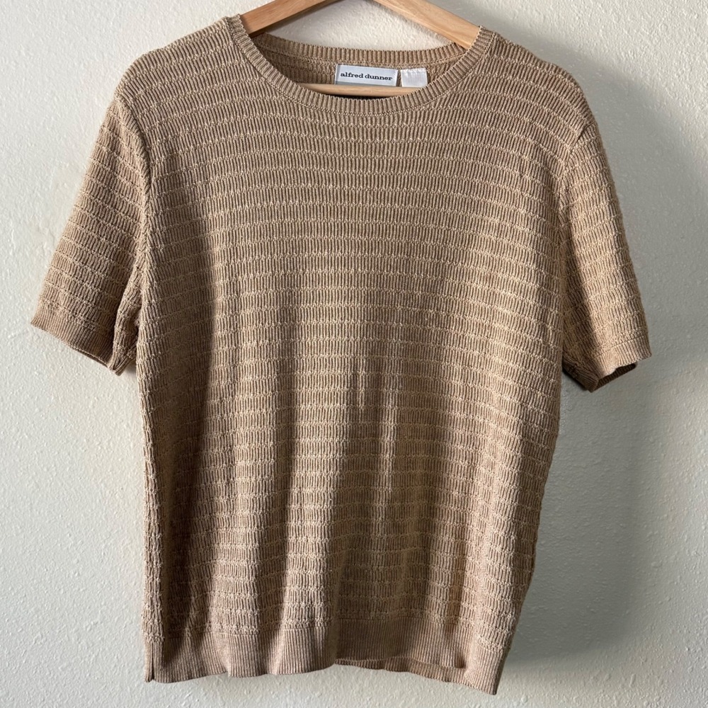 Alfred Dunner Petite Tan Beige Textured Knit Short Sleeve Sweater PXL